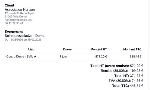 Planning et facturation du logiciel de réservation de salles développé par Comm'Web